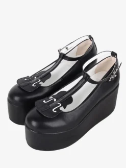 Sweet Lolita Footwear Chaussures Lolita noires à talons compensés en cuir PU avec sangle en T