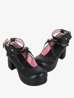 Sweet Lolita Footwear Chaussures Lolita en cuir PU à bout rond et nœud noir