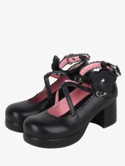 Sweet Lolita Footwear Chaussures Lolita en cuir PU à bout rond et nœud noir