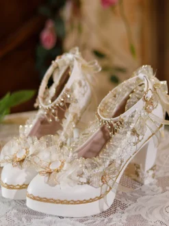 Sweet Lolita Footwear Ecru Blanc Nœuds Fleurs Dentelle PU Cuir Chunky Talon Escarpins Lolita