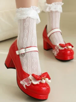 Sweet Lolita Footwear Escarpins Lolita à talons épais en cuir PU avec nœuds roses