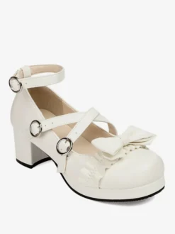Sweet Lolita Footwear - Escarpins Lolita à talons épais en cuir PU avec nœuds roses