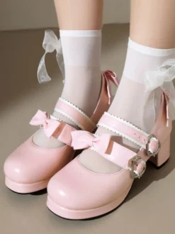 Sweet Lolita Footwear Escarpins Lolita à talons épais en cuir PU avec nœuds noirs