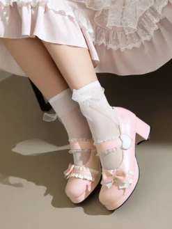 Sweet Lolita Footwear - Escarpins Lolita en cuir PU à bout rond et à volants roses