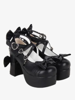 Sweet Lolita Footwear Escarpins Lolita en cuir PU à bout rond et nœuds noirs