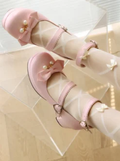 Sweet Lolita Footwear Escarpins Lolita en cuir PU à bout rond et nœuds noirs