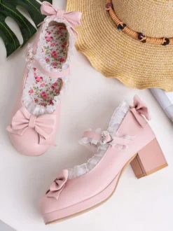 Sweet Lolita Footwear Pink Bows Escarpins en cuir Synthétique à gros talons Lolita Déguisements Halloween
