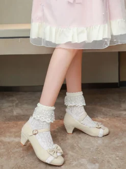 Sweet Lolita Footwear Pink Ruffles Bows Round Toe Suede Nap Lolita Shoes Déguisements Halloween
