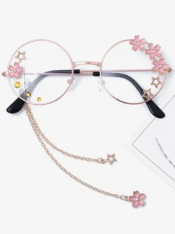 Sweet Lolita Glasses Pink Chains Flowers Stars Lunettes de soleil à monture ronde