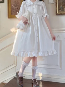 Sweet Lolita OP Robe Volants Blanc Manches Courtes Lolita One Piece Robes