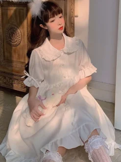 Sweet Lolita OP Robe Volants Blanc Manches Courtes Lolita One Piece Robes