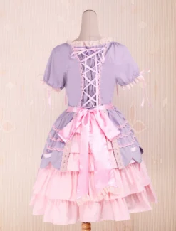 Sweet Lolita rose pourpre OP robe manches courtes couches arcs et garniture Déguisements Halloween