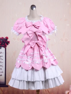 Sweet Lolita rose pourpre OP robe manches courtes couches arcs et garniture Déguisements Halloween