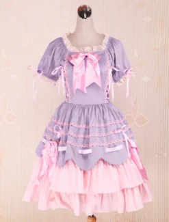 Sweet Lolita rose pourpre OP robe manches courtes couches arcs et garniture Déguisements Halloween