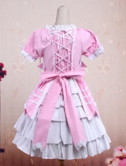 Sweet Lolita rose pourpre OP robe manches courtes couches arcs et garniture Déguisements Halloween