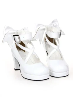 Talons hauts Chunky blanc Lolita Chaussures cheville sangle Bow Decor Déguisements Halloween