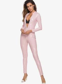 Tenu De Club Tops Col Rond Zipper Manches Longues Pu Danse De Pole Sexy