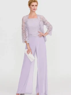 Tenue de mère de mariée 3 pièces combi-pantalon boléro gris claire