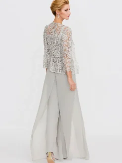 Tenue de mère de mariée 3 pièces combi-pantalon boléro gris claire