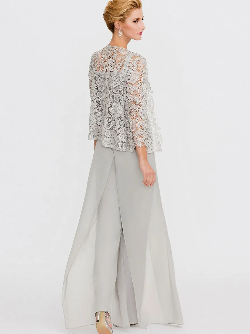 Tenue de mère de mariée 3 pièces combi-pantalon boléro gris claire