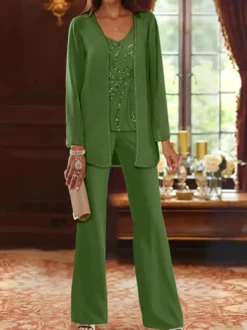 Tenue de mère de mariée 3 piècse conçue avec décolleté et manches longues à paillettes pour les invités de mariage