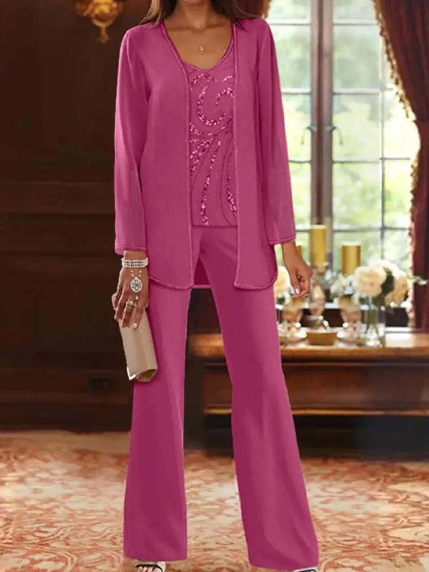 Tenue de mère de mariée 3 piècse conçue avec décolleté et manches longues à paillettes pour les invités de mariage