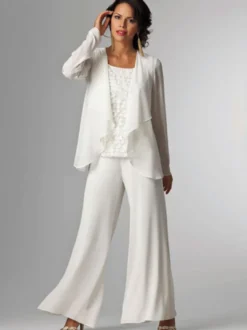 Tenue de mère de mariée Tenue de mariage d'invitée blanche en chiffon 3 pièces
