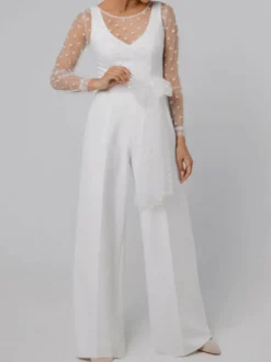 Tenue mariage femme combinaison mariée col V manche longue transparent blanche