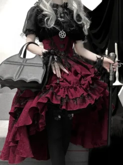 Tenues gothiques Lolita en dentelle noire à volants et à volants en jacquard col orné chemisier à manches courtes et jupe pour soirée thé