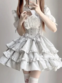 Tenues gothiques Lolita noires à lacets et volants en jacquard ensemble haut et jupe à manches courtes