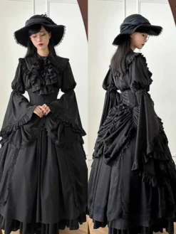 Tenues gothiques Lolita Volants noirs Nœuds Dentelle Manches longues Chemisier Jupe