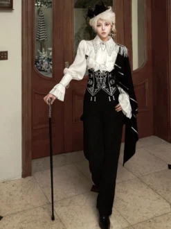 Tenues Ouji Lolita Gothique : cape à manches longues haut blanc ceinture noire et pantalon
