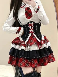 Tenues Steampunk Lolita Jupe à Manches Longues à Volants à Carreaux Rouges à Lacets