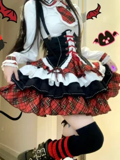 Tenues Steampunk Lolita Jupe à Manches Longues à Volants à Carreaux Rouges à Lacets