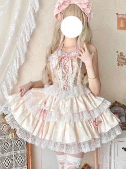 Tenues Sweet Lolita bleu ciel clair à lacets avec nœuds en dentelle et imprimé floral ensemble haut sans manches et jupe