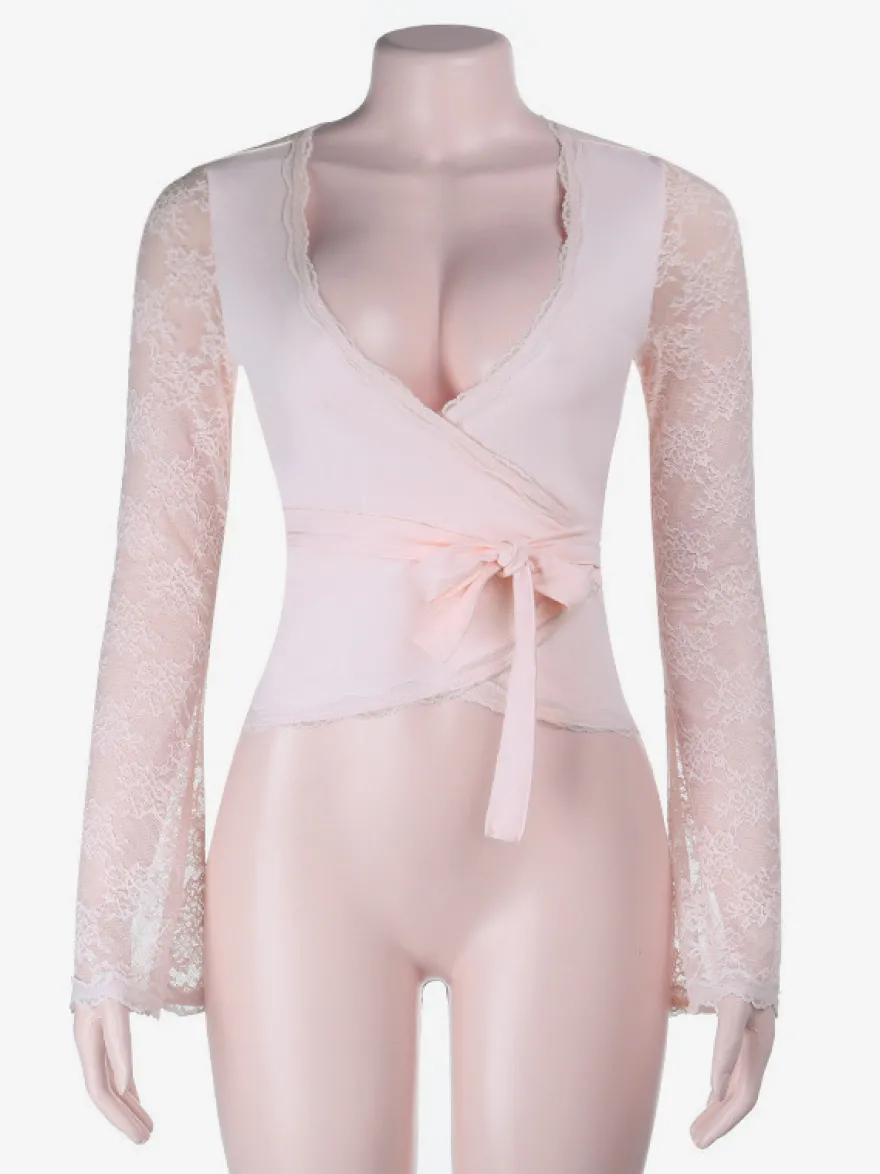 Top cache-cœur rose pâle pour femme - Chemisier à manches en dentelle transparente pour une soirée romantique - Haut romantique et sexy à décolleté plongeant style ballerine collection printemps 2026