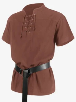 Top Noir Vintage Haut Rétro À Lacets Manches Courtes Polyester Fibre Chemise Rétro Costumes Pour Homme