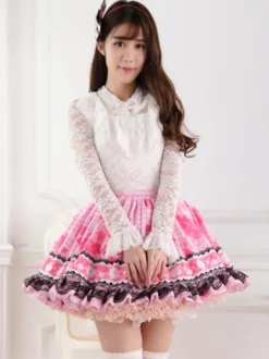 Toussaint Cospaly Costume Lolita douce Jupe rose courte doublure imprimé trèfle avec dentelle Déguisements Halloween