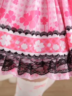 Toussaint Cospaly Costume Lolita douce Jupe rose courte doublure imprimé trèfle avec dentelle Déguisements Halloween