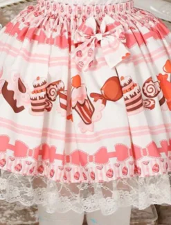 Toussaint Cospaly Costume Lolita douce Jupe rose courte imprimé gâteau crème glacée avec dentelle Déguisements Halloween