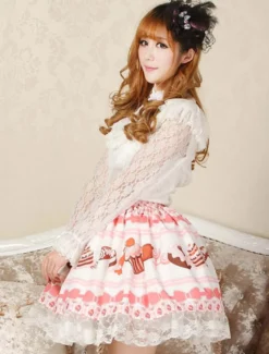 Toussaint Cospaly Costume Lolita douce Jupe rose courte imprimé gâteau crème glacée avec dentelle Déguisements Halloween