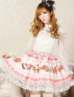Toussaint Cospaly Costume Lolita douce Jupe rose courte imprimé gâteau crème glacée avec dentelle Déguisements Halloween