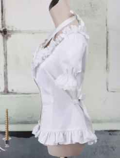 Toussaint Cospaly Costume Lolita blanc Blouse manches courtes encolure bretelles garniture volants en coton avec dentelle Déguisements Halloween