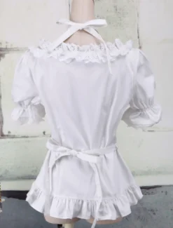 Toussaint Cospaly Costume Lolita blanc Blouse manches courtes encolure bretelles garniture volants en coton avec dentelle Déguisements Halloween