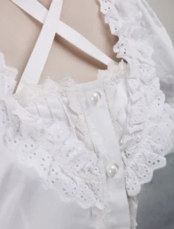 Toussaint Cospaly Costume Lolita blanc Blouse manches courtes encolure bretelles garniture volants en coton avec dentelle Déguisements Halloween