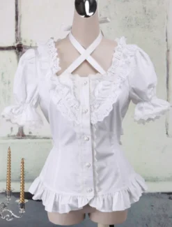 Toussaint Cospaly Costume Lolita blanc Blouse manches courtes encolure bretelles garniture volants en coton avec dentelle Déguisements Halloween