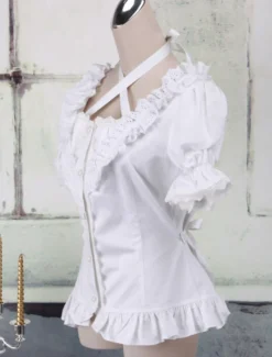 Toussaint Cospaly Costume Lolita blanc Blouse manches courtes encolure bretelles garniture volants en coton avec dentelle Déguisements Halloween