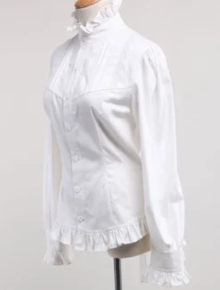 Toussaint Cospaly Costume Lolita blanc Blouse manches longues col haut volants en coton avec dentelle Déguisements Halloween