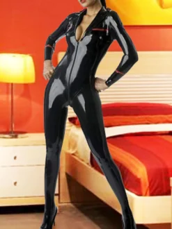 Toussaint Cosplay Costume de zentai noir de Catwoman brillant verni sexy Déguisements Halloween