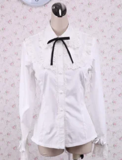Toussaint Cosplay Lolita Blouse blanche manches longues en coton avec dentelle garniture Turn-down col Black Bow Déguisements Halloween